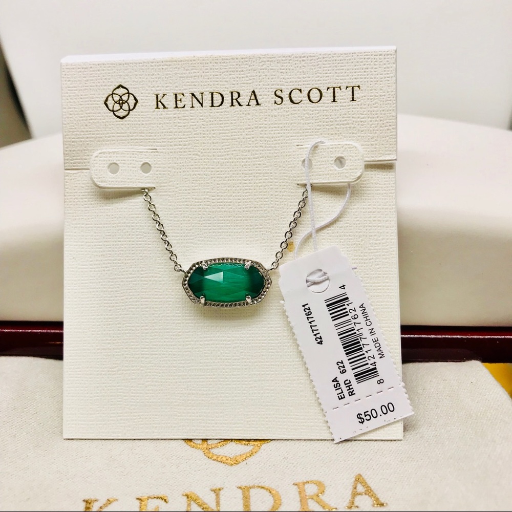 Kendra Scott Elisa Cat's eye Emerald Green necklace Silver Tone